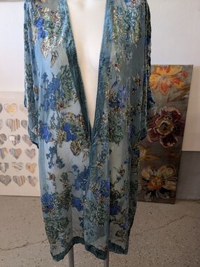 Kimono Burnt Velvet Sheer Blue Floral Kimono Cover-Up Free Size